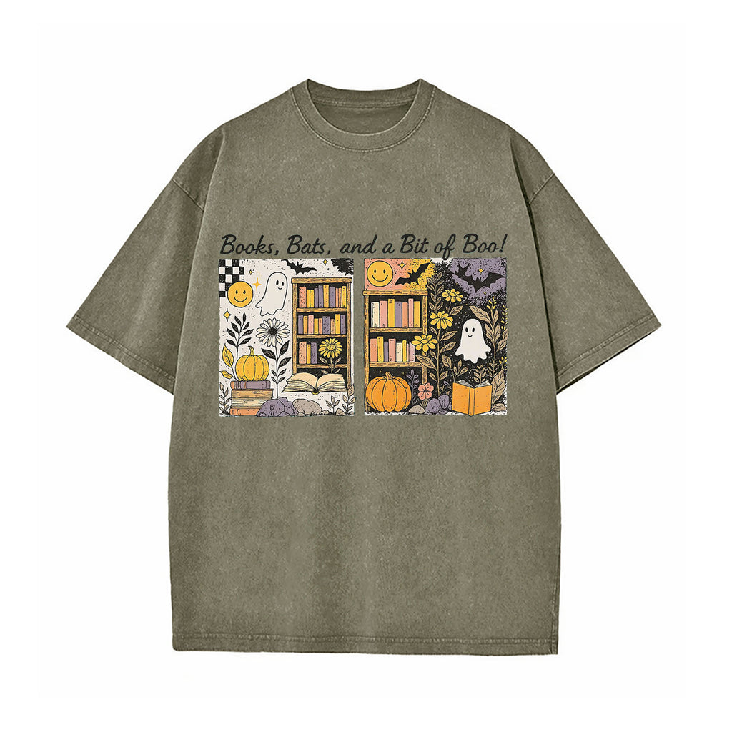 Halloween Books Bats Boo Washed T-Shirt