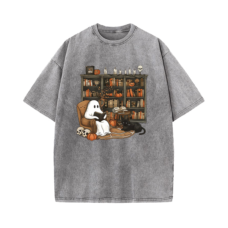 Halloween Ghost Reading Books Washed T-Shirt