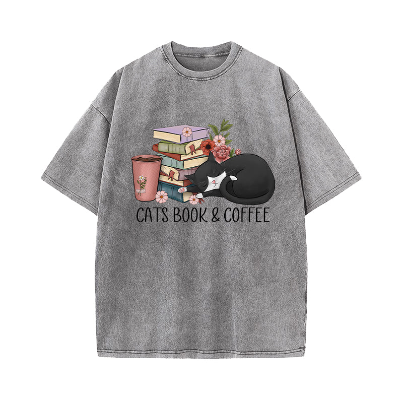 Cats Book And Coffee Washed T-Shirt