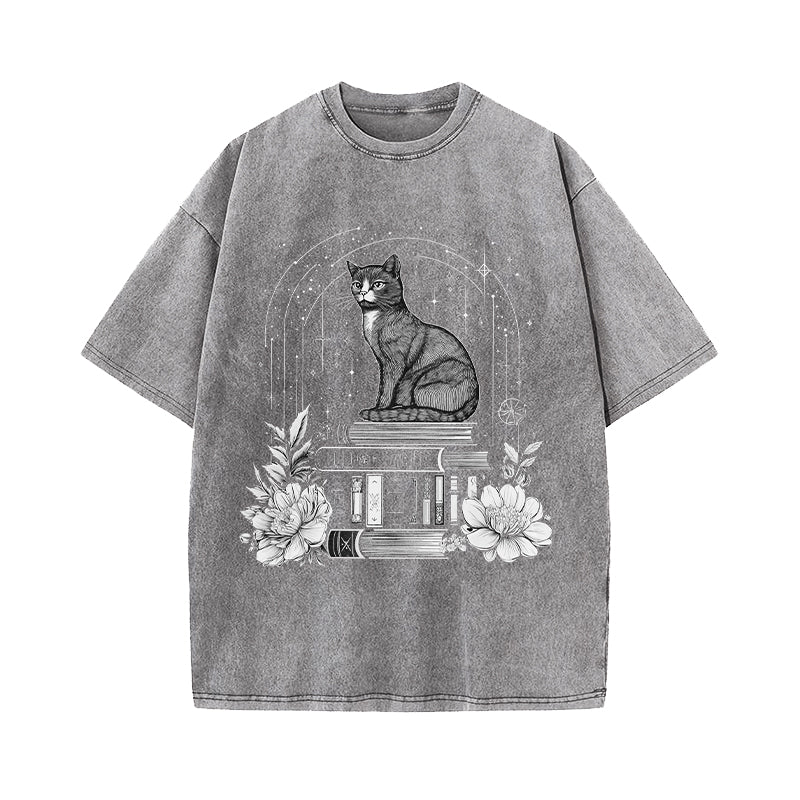 Witchy Black Cat Book Lover Washed T-Shirt