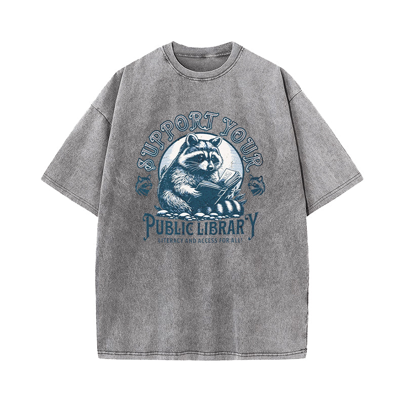 Support Your Public Library Raccoon Washed T-Shirt