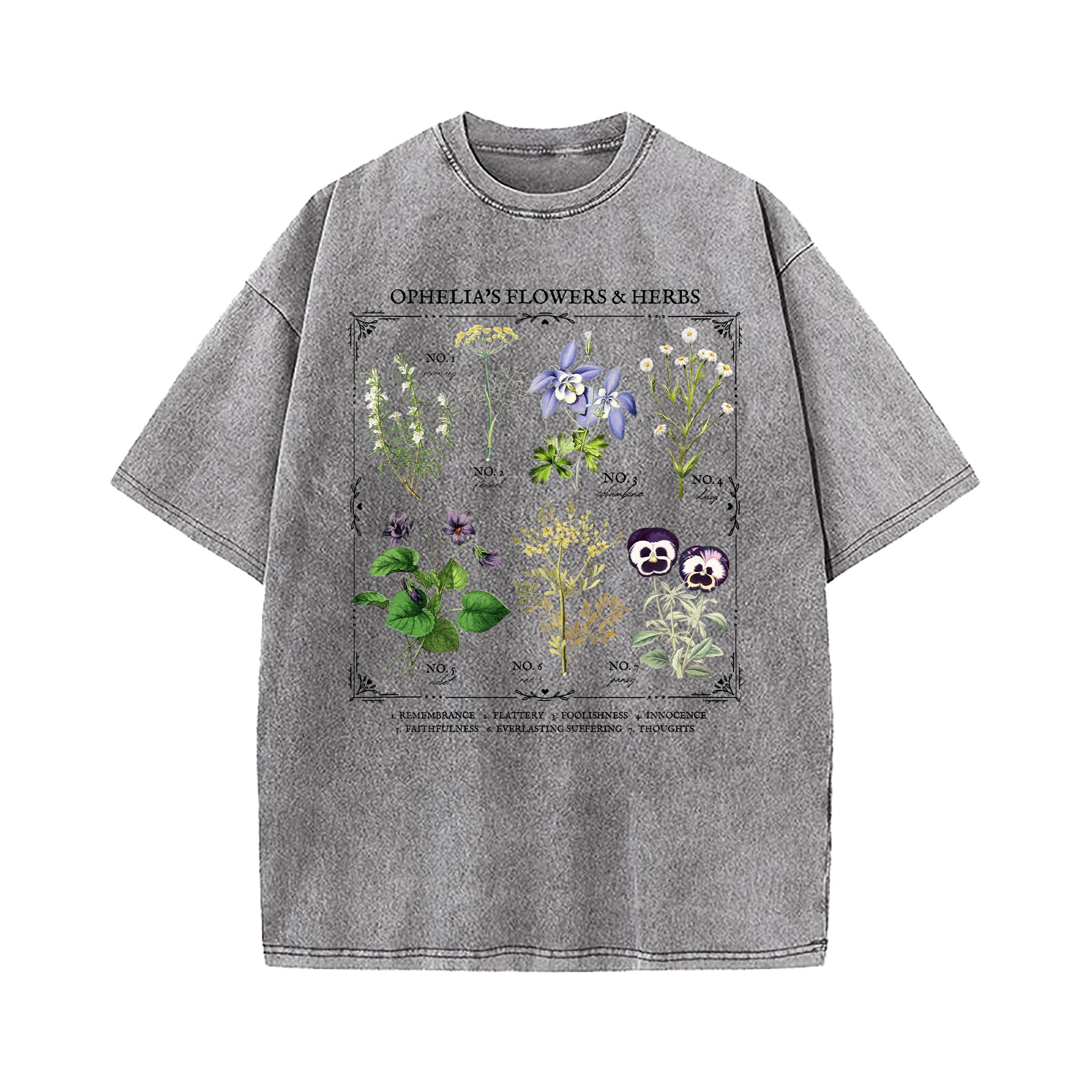 Shakespeare Ophelia Flower Chart Herbology Washed T-Shirt