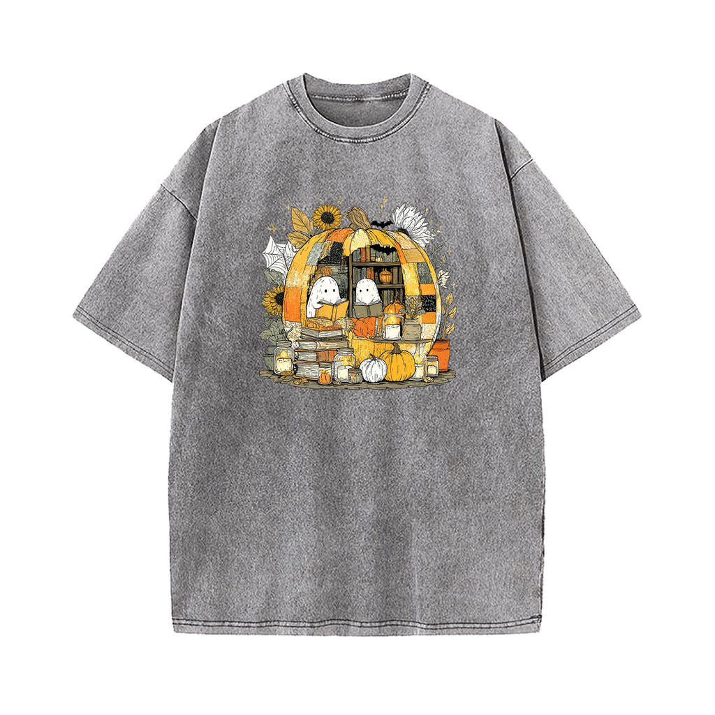 Reading Ghost in Pumpkin Bookshelf Washed T-Shirt