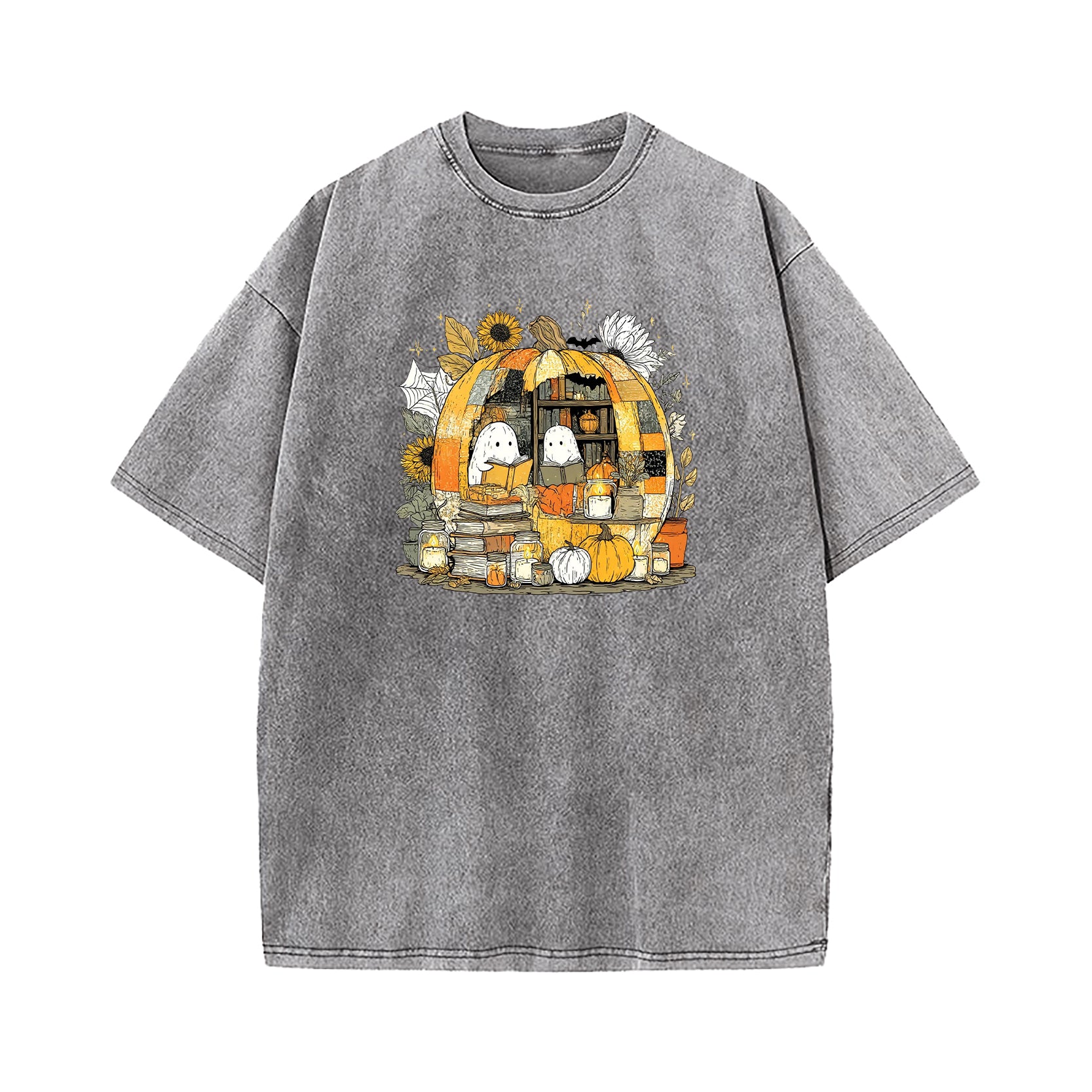 Reading Ghost in Pumpkin Bookshelf Washed T-Shirt