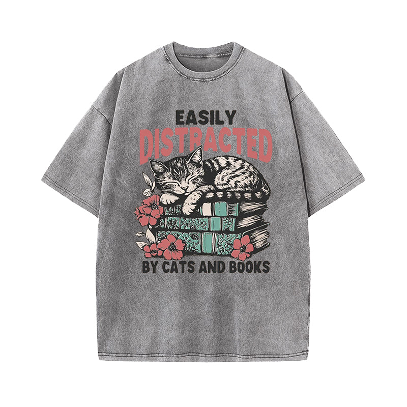 Easily Distracted by Cats and Books Washed T-Shirt