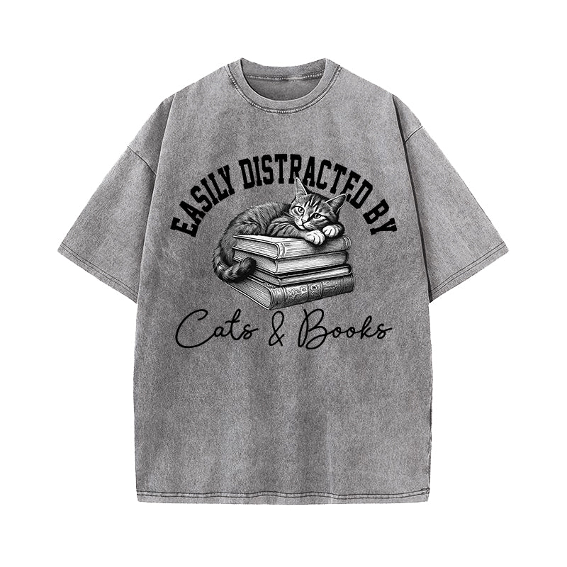 Easily Distracted By Cats and Books Washed T-Shirt