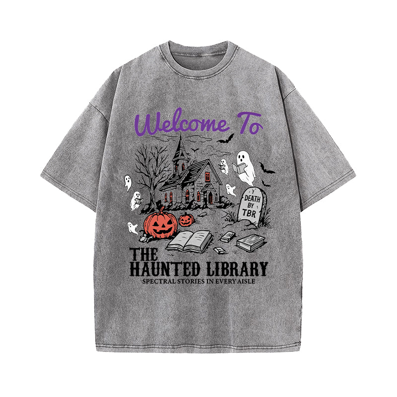 Welcome To The Haunted Library Washed T-Shirt