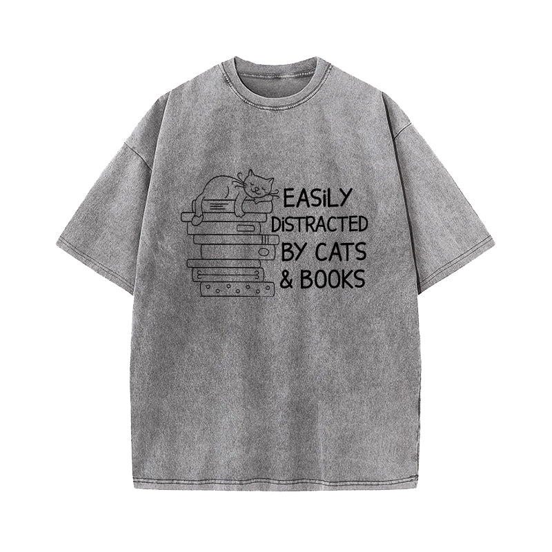 Easily Distracted By Cats And Books Washed T-Shirt