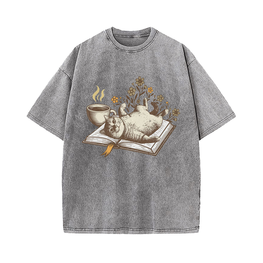 Cozy Book Cat Washed T-Shirt