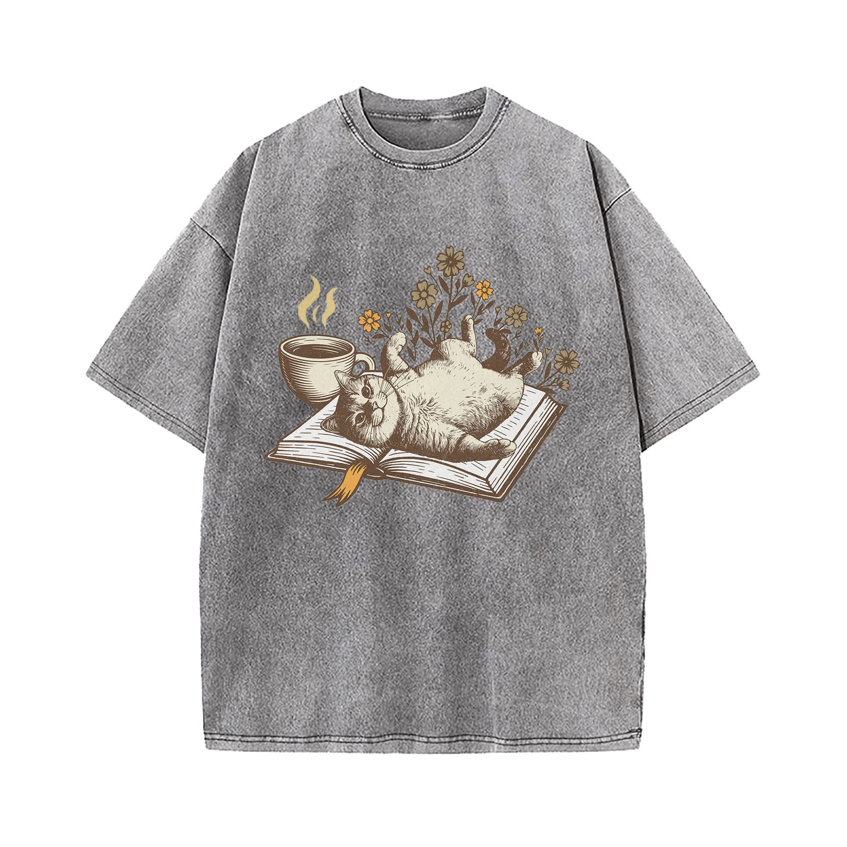 Cozy Book Cat Washed T-Shirt