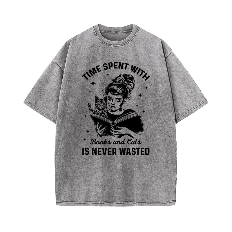 Time Spent With Cats and Books is Never Wasted Washed T-Shirt