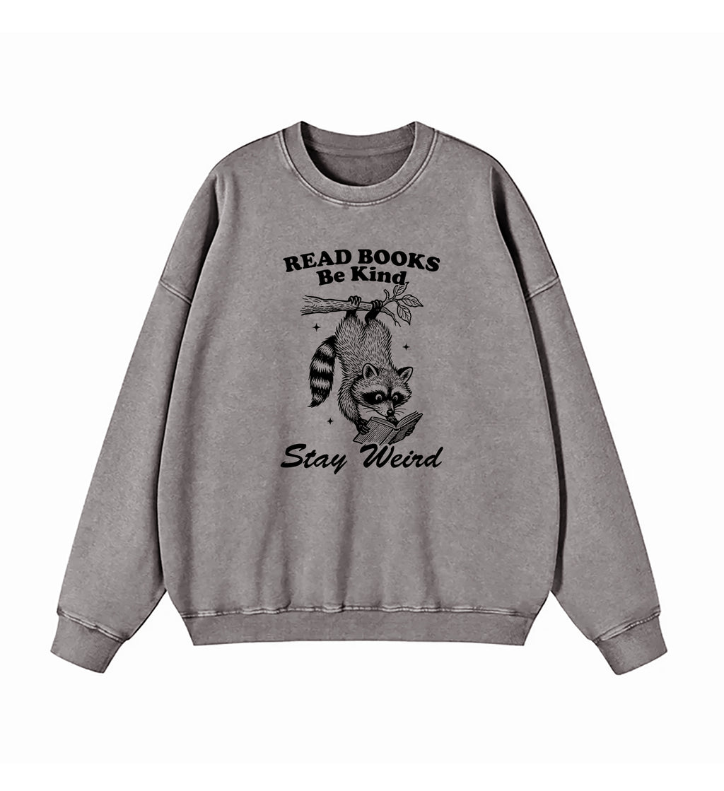 Read Books Be kind Stay Weird Raccoon Washed Sweatshirt