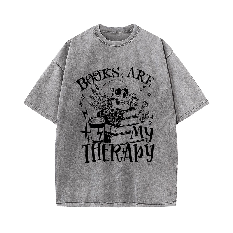 Books Are My Therapy Floral Skull Washed T-Shirt