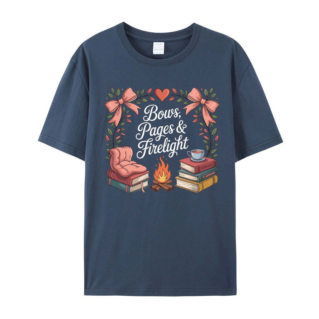 Cozy Bookish Campfire: Bows, Pages & Firelight cotton T-Shirt