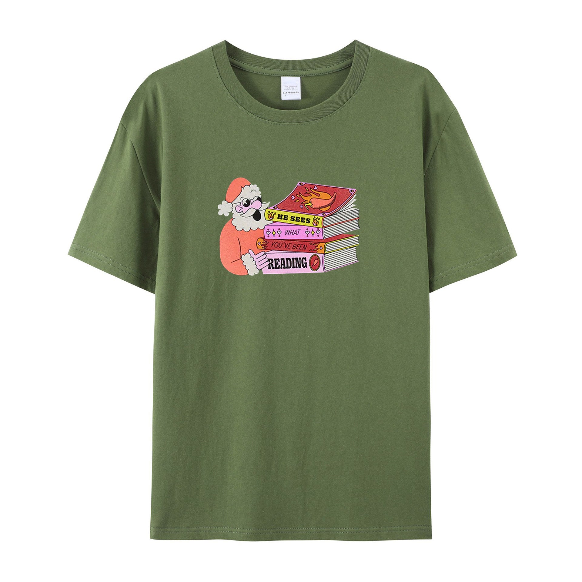Santa: He Sees What You've Been Reading cotton T-shirts