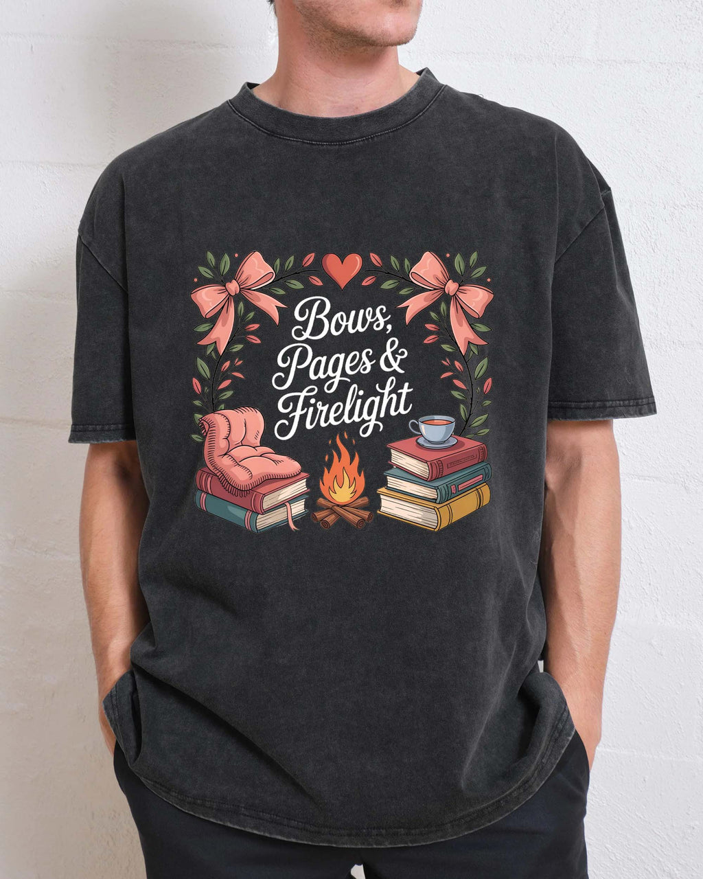 Cozy Bookish Campfire: Bows, Pages & Firelight T-shirt