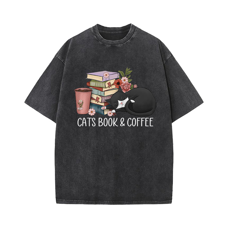 Cats Book And Coffee Washed T-Shirt