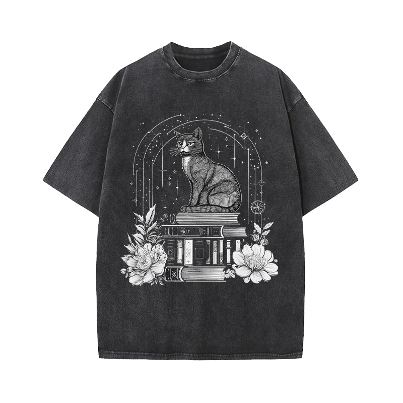 Witchy Black Cat Book Lover Washed T-Shirt