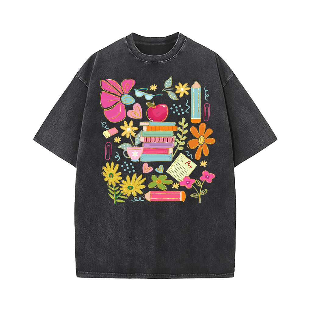 Teacher Book Lover Botanical Washed T-Shirt
