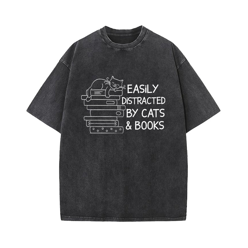 Easily Distracted By Cats And Books Washed T-Shirt