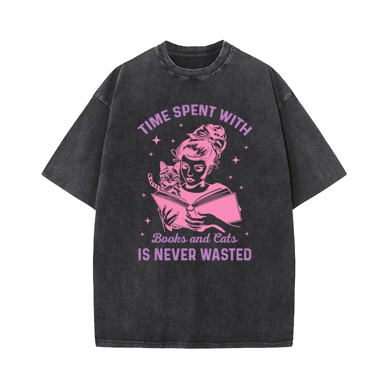 Time Spent With Cats and Books is Never Wasted Washed T-Shirt