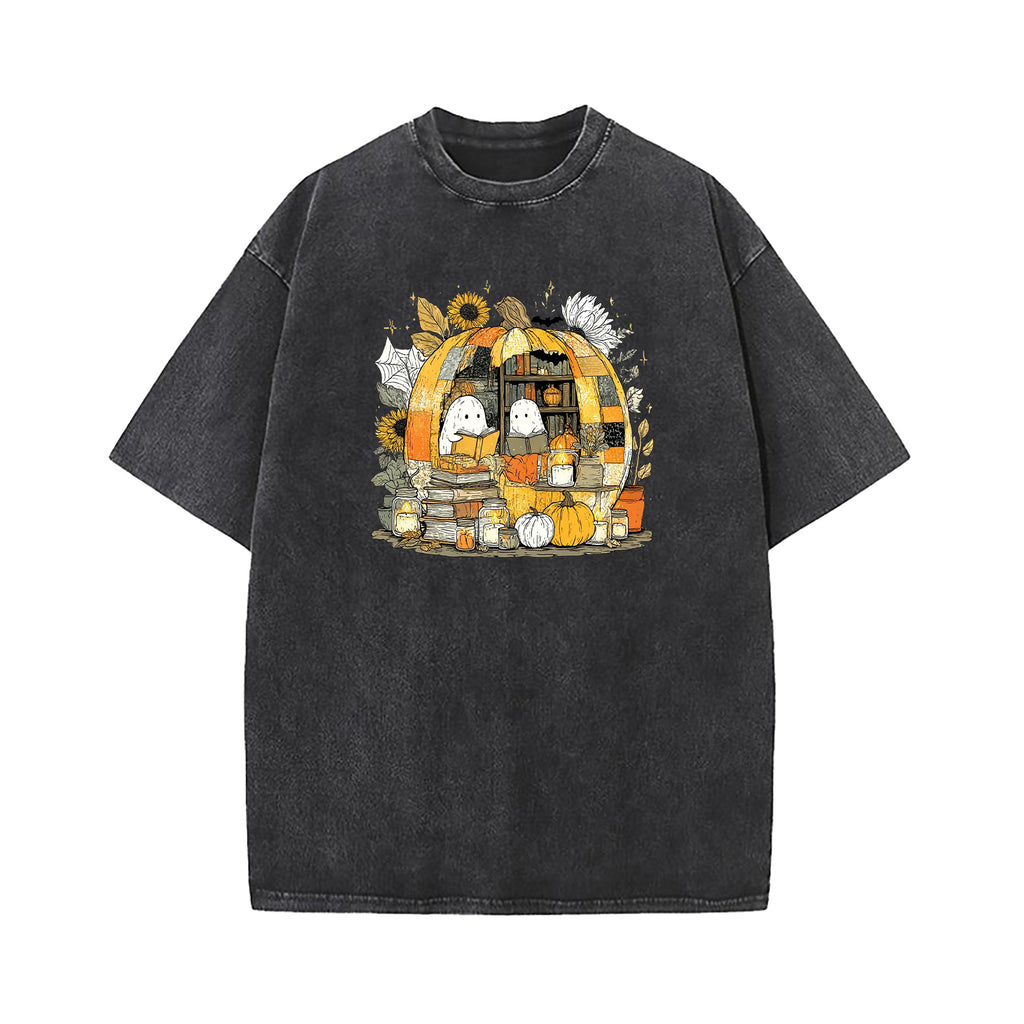 Reading Ghost in Pumpkin Bookshelf Washed T-Shirt