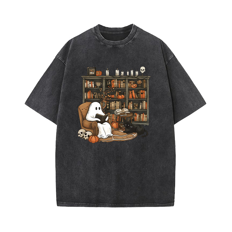 Halloween Ghost Reading Books Washed T-Shirt
