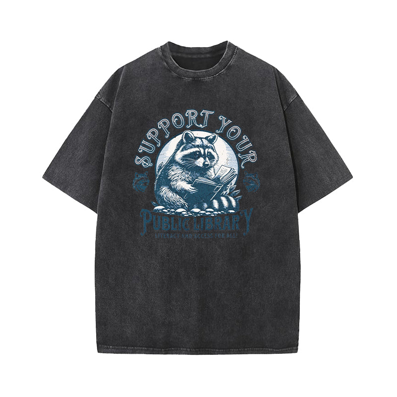 Support Your Public Library Raccoon Washed T-Shirt