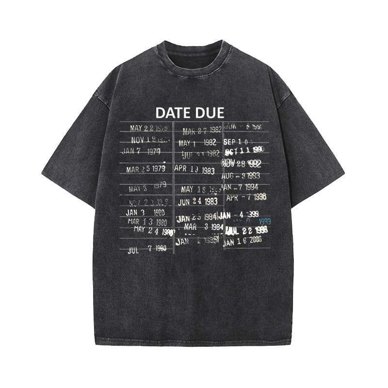 Library Card Due Date Washed T-Shirt