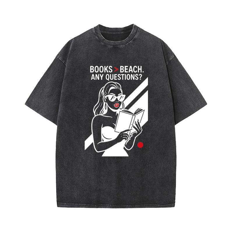 Books Over Beach Funny Reading Girl Washed T-Shirt