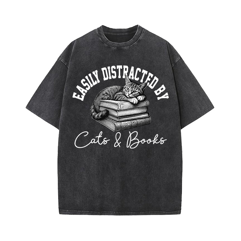 Easily Distracted By Cats and Books Washed T-Shirt