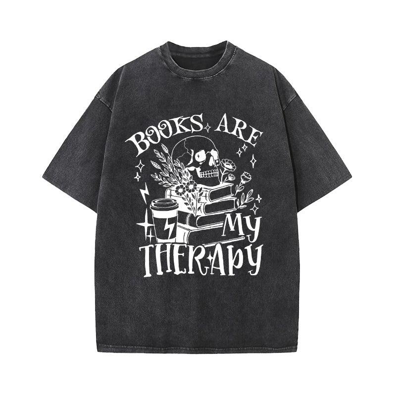 Books Are My Therapy Floral Skull Washed T-Shirt