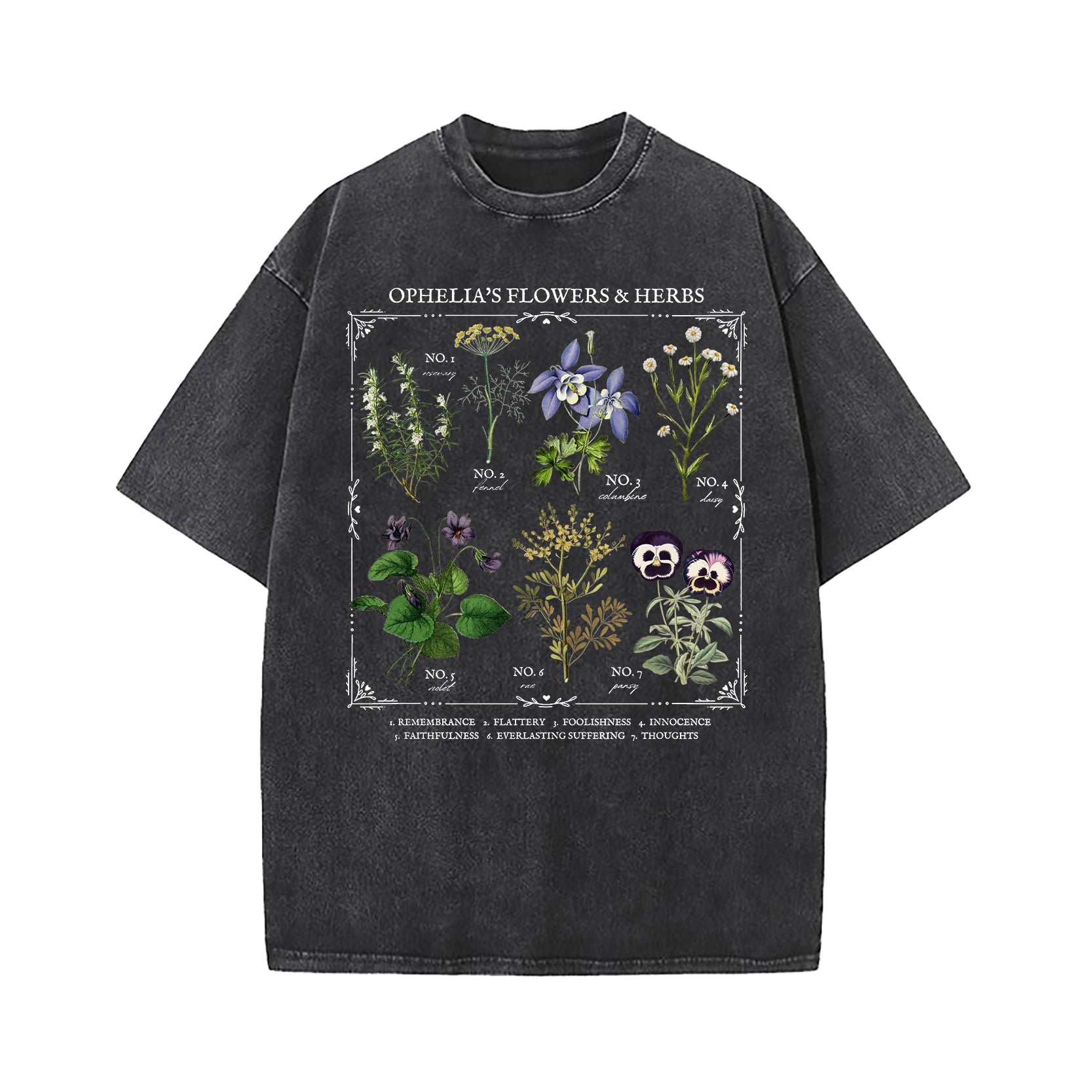 Shakespeare Ophelia Flower Chart Herbology Washed T-Shirt