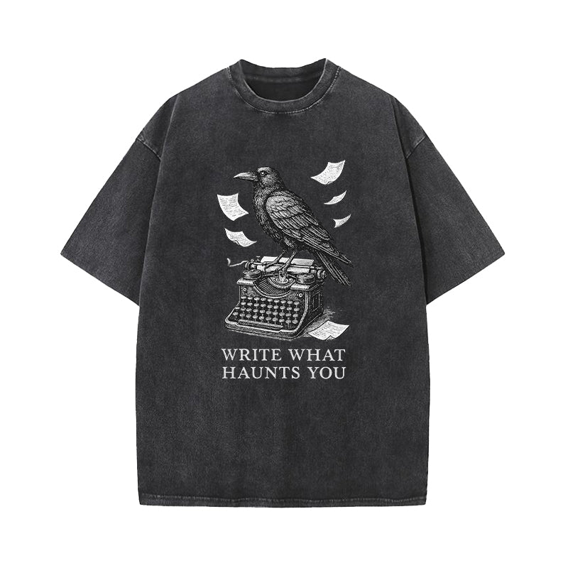 Write What Haunts You Raven Typewriter Washed T-Shirt