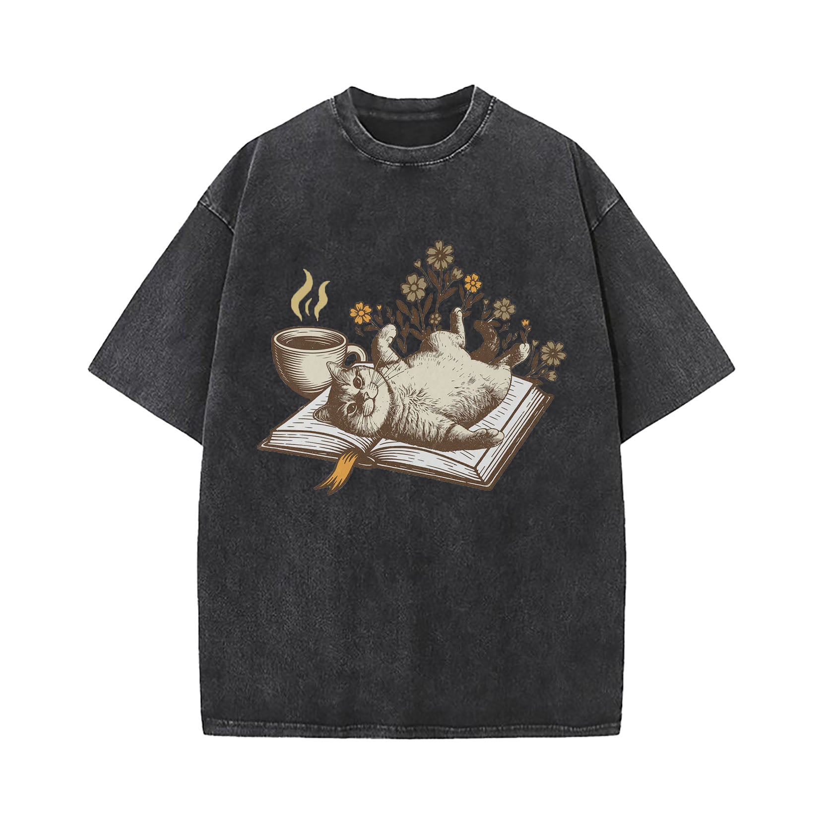 Cozy Book Cat Washed T-Shirt