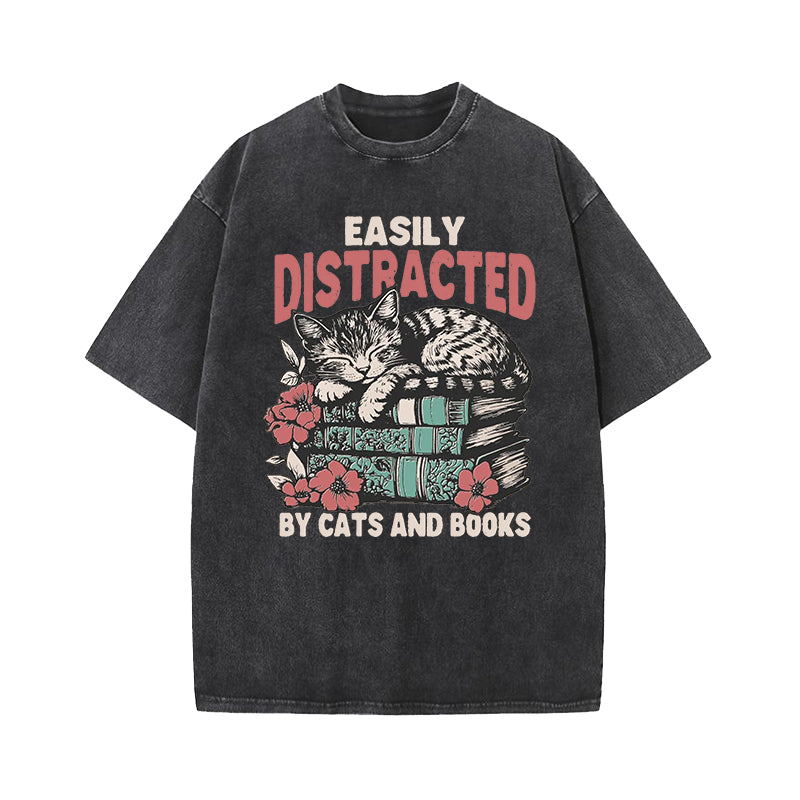 Easily Distracted by Cats and Books Washed T-Shirt