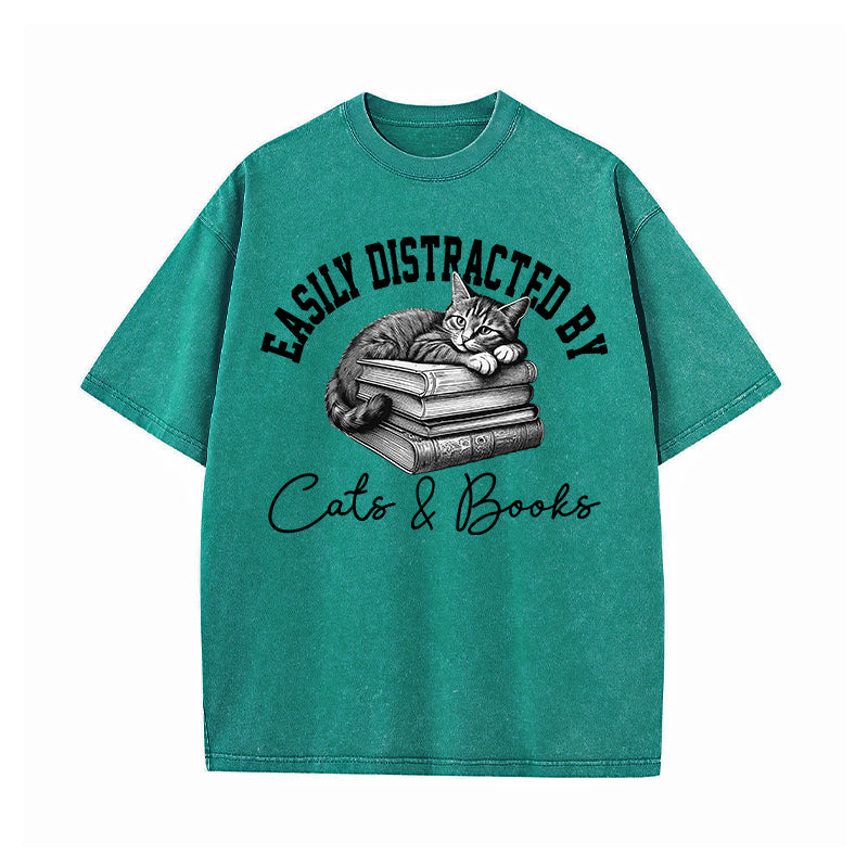 Easily Distracted By Cats and Books Washed T-Shirt