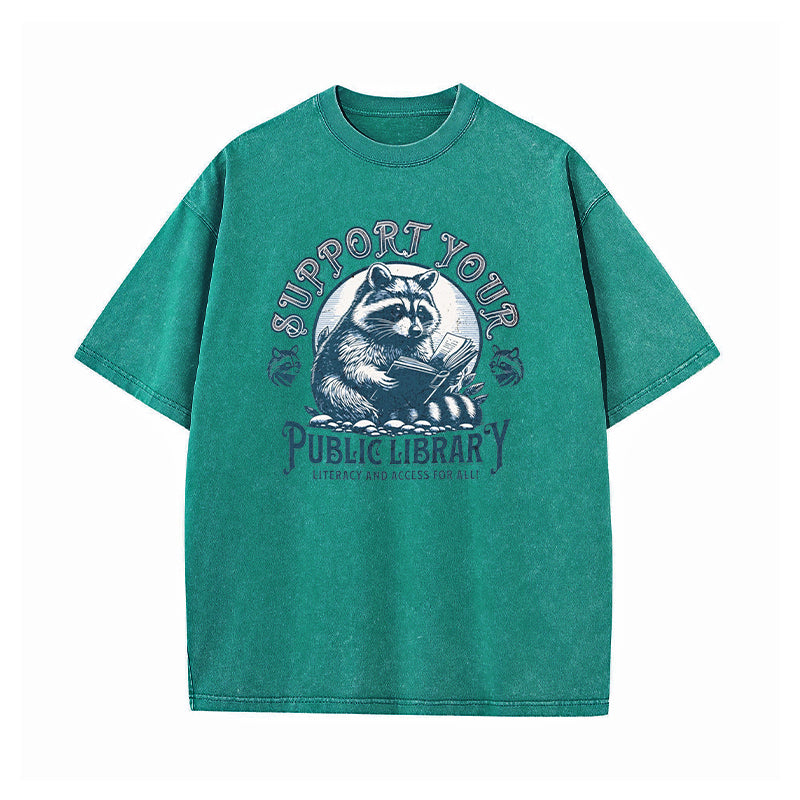 Support Your Public Library Raccoon Washed T-Shirt