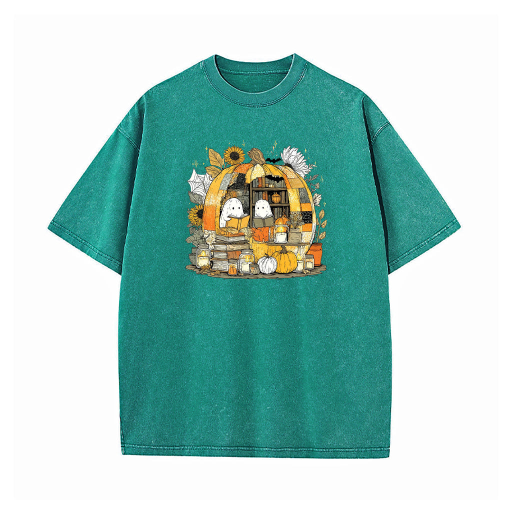 Reading Ghost in Pumpkin Bookshelf Washed T-Shirt