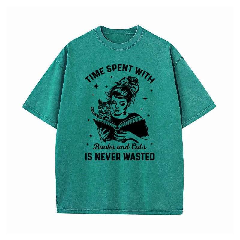 Time Spent With Cats and Books is Never Wasted Washed T-Shirt