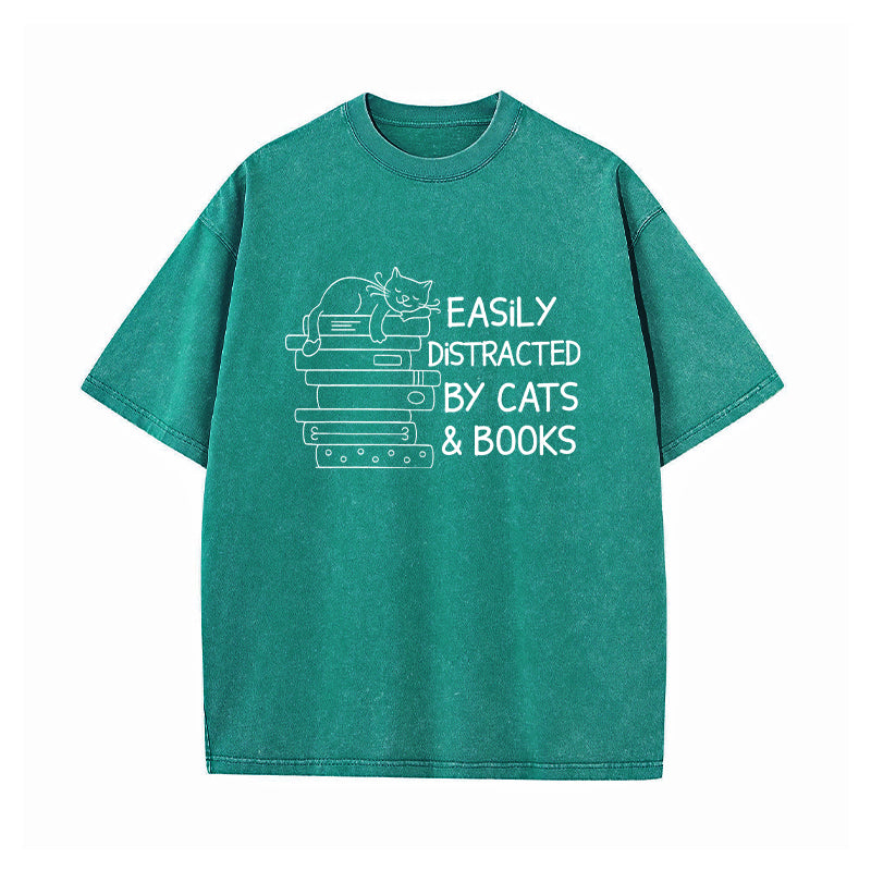 Easily Distracted By Cats And Books Washed T-Shirt