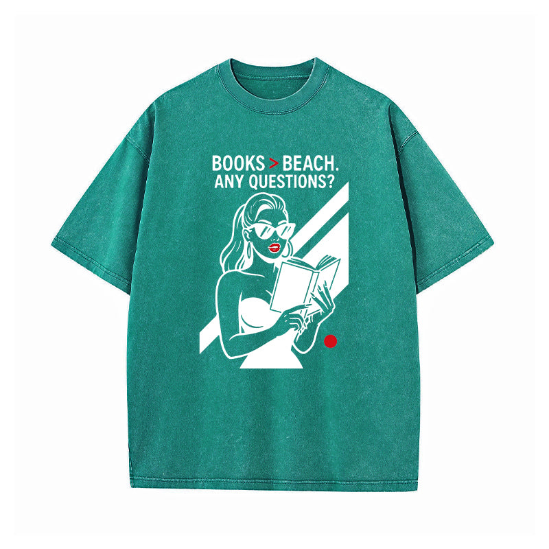 Books Over Beach Funny Reading Girl Washed T-Shirt