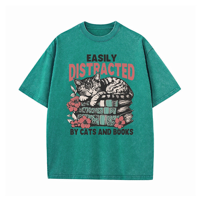 Easily Distracted by Cats and Books Washed T-Shirt