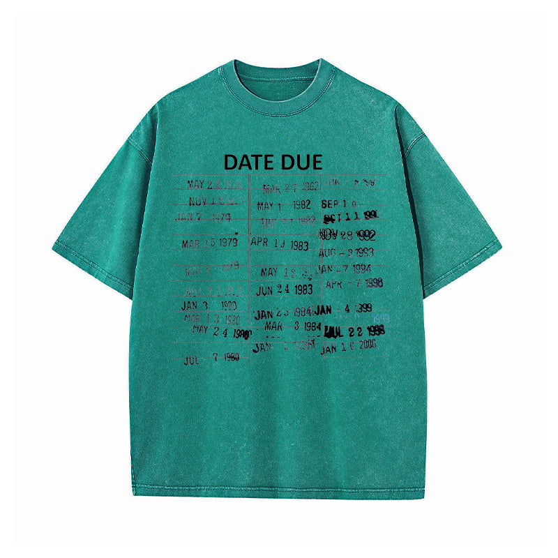 Library Card Due Date Washed T-Shirt