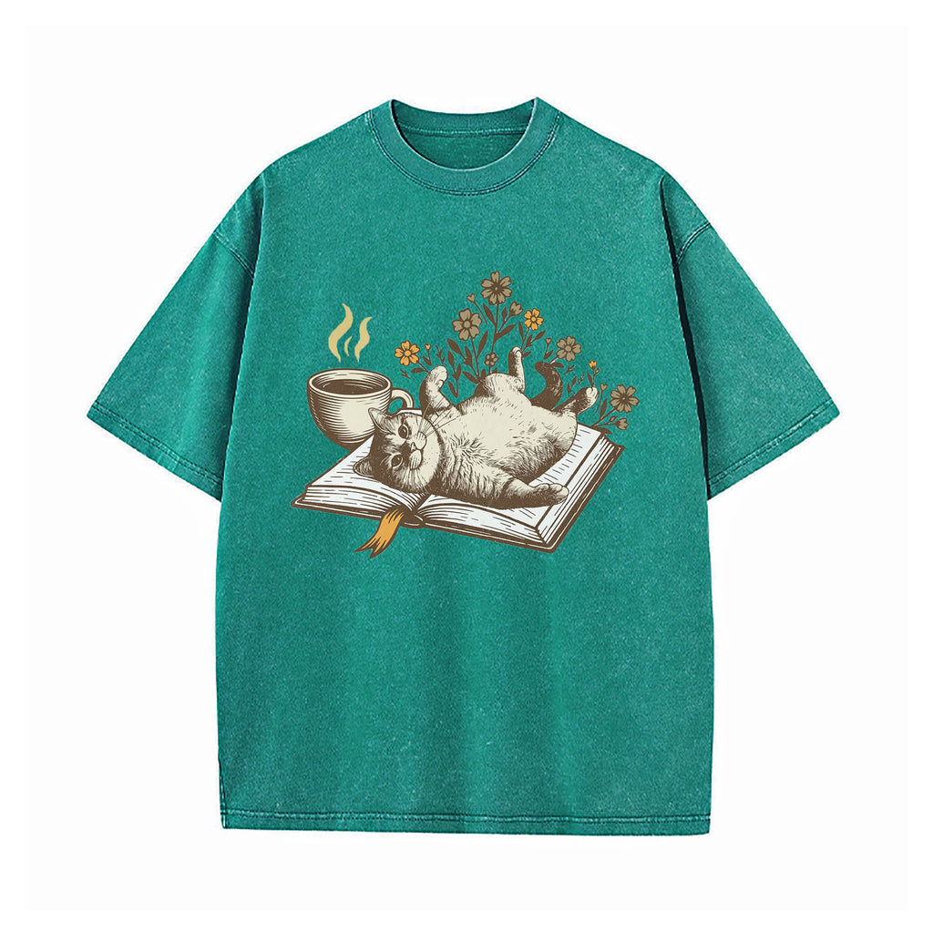 Cozy Book Cat Washed T-Shirt