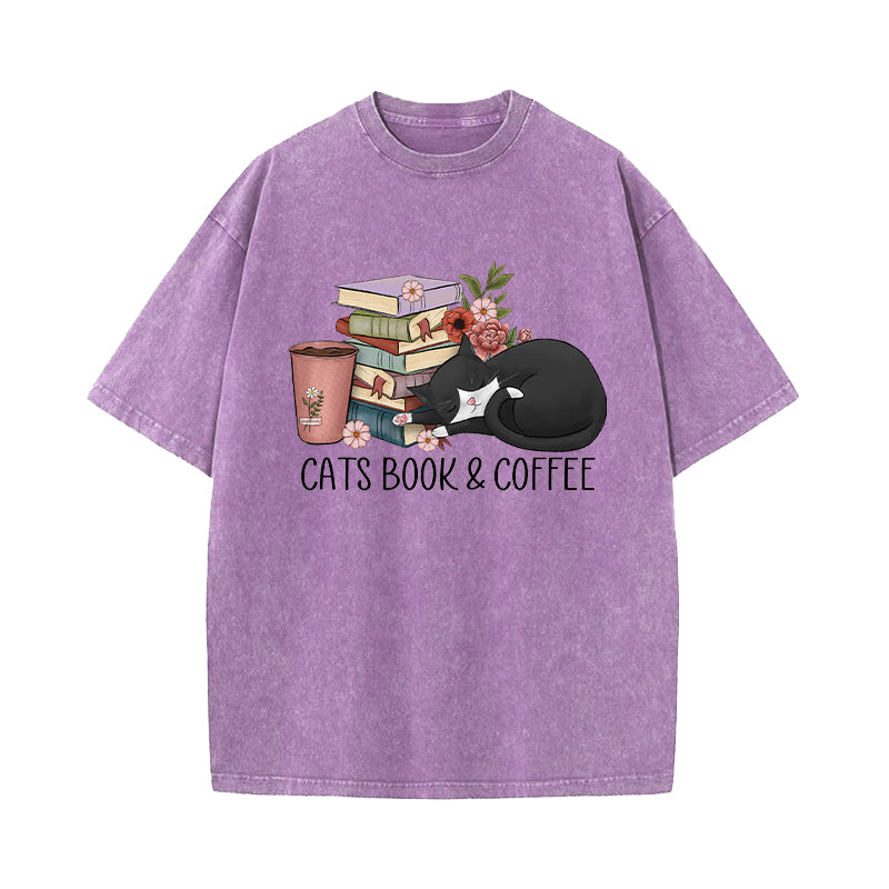 Cats Book And Coffee Washed T-Shirt