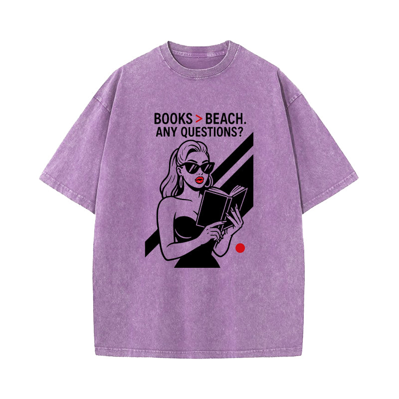 Books Over Beach Funny Reading Girl Washed T-Shirt