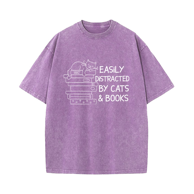 Easily Distracted By Cats And Books Washed T-Shirt