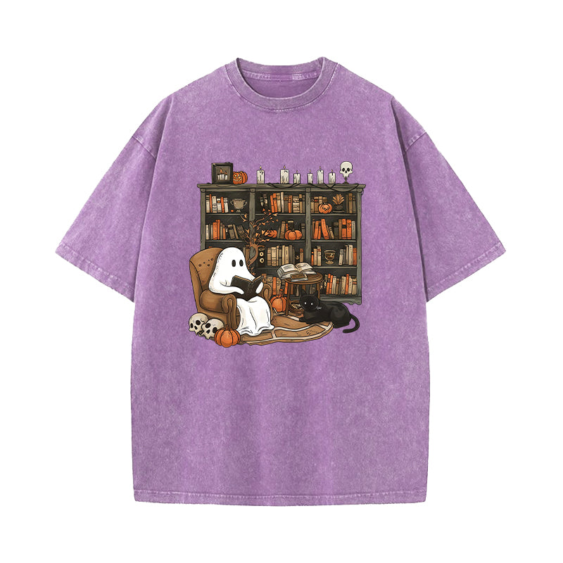 Halloween Ghost Reading Books Washed T-Shirt