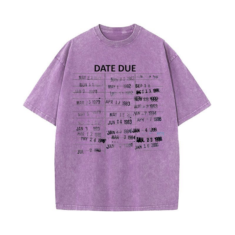 Library Card Due Date Washed T-Shirt